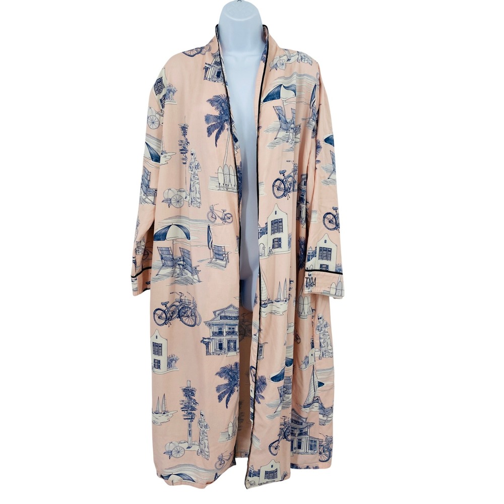 Katie Kime Florida Robe S/M Pink Coastal Toile Beach House Long Sleeve Cotton